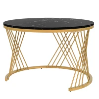 Lot de 2 tables basses gigognes rondes, plateau effet marbre et tiroirs en rotin synthétique, pieds métal, 70x70x45,5 cm + 50x50x38,5 cm, Noir(m-8)