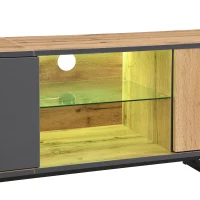 Meuble TV Bas pour Salon avec Effets Lumineux LED, Étagères en Verre et Charnières Amorties, 190x40x50 cm, Naturel(m-9)