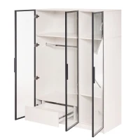 Armoire Penderie Spacieuse avec 3 Portes en Verre, 1 Tiroir et 1 Tringle à Vêtements, Éclairage LED Intégré, 110x50x160 cm, Blanc(m-8)