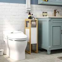 HOMCOM Mobilier de Baie cu Suport pentru Hârtie Igienică, Dulap și Raft, Dulap Compact din Bambus, 20x33x80 cm, Alb(m-9)