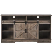 Petit meuble TV de style ferme avec 2 portes coulissantes et étagères réglables, adapté au salon et à la salle à manger, 150x40x81,5 cm, Gris délavé(m-10)