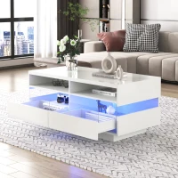 Hochglanz Couchtisch mit LED-Beleuchtung, zwei Ablagefächern und Schubladen, modernes Design, Weiß(m-7)