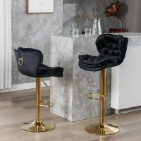 Set of 2 Adjustable Breakfast Bar Stools with Rolling Edge Backrest, Gold Legs, and 360° Rotatable Seat, Load-Bearing up to 136 kg, Black(m-4)