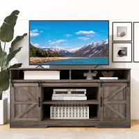 Petit meuble TV de style ferme avec 2 portes coulissantes et étagères réglables, adapté au salon et à la salle à manger, 150x40x81,5 cm, Gris délavé(m-1)