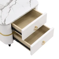 Ensemble de Tables Basses Gigognes en Marbre Poli et Verre, avec Détails Dorés et Tiroirs, 60x60x42 cm + 50x50x34 cm, Blanc(m-10)