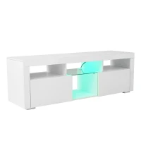 Meuble TV scandinave sur pied et mural avec éclairage LED, étagères ouvertes et compartiments rabattables, moderne brillant 140x40x45 cm, Blanc(m-9)