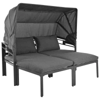 Gartenmöbel-Set mit Markise, Viersitzer, verzinktes Stahlrohr, abnehmbare und waschbare Sitzkissen, Grau(m-2)