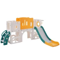 Toboggan pour enfants multifonctionnel 6 en 1 avec rampe, double plateforme, casiers, panier de basket et échelle，174x150x95 cm, Vert antique(m-2)