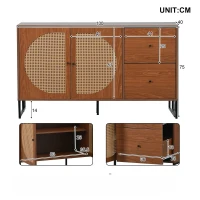 Buffet avec 2 portes en rotin et 2 tiroirs, structure en panneaux de particules, poignées en métal, adapté pour séjour et cuisine,130x40x75 cm, Noyer(m-3)
