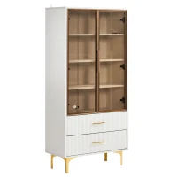 Vitrine Élégante en Verre avec Deux Portes, Pieds Dorés et Étagères Réglables, Éclairage LED Multicolore, 70x35x150 cm, Blanc(m-2)