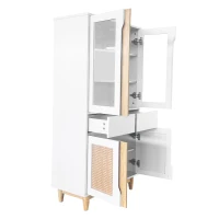 Wohnzimmer-Hochkommode mit Acrylglas-Türen und Rattanmuster, verstellbare Einlegeböden und Echtholzbeine, Natürliche farben(m-9)