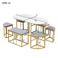 Modern Dining Table and Chairs Set with 4 Small Stools and 2 Large Stools, Steel Frame, 140×70×76 cm, Load Capacity 120 kg, Gold(m-3)