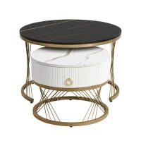 Lot de 2 tables basses gigognes modernes modulables en marbre synthétique avec tiroirs, 70x70x45 cm et 50x50x40 cm, Noir(m-7)