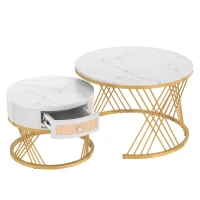 Couchtisch 70cm Runder Marmormuster Platzsparender 2-in-1 mit Rattan-Schubladen u. Griffen, vergoldeten Füßen Weiß(m-10)