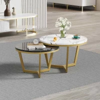 Eleganter Couchtisch im 2er-Set, Marmoroptik mit vergoldetem Metallgestell und L-förmigen Beinen, Weiß und Schwarz(m-1)