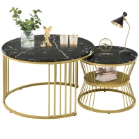 Ensemble de 2 Tables Basses Modernes Gigognes en MDF avec Finition Effet Marbre et Structure Métallique Dorée, 70x70x47 cm + 45x45x40 cm, Noir(m-7)