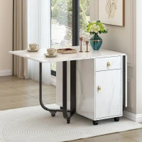 Folding Dinning Table with Goldplated Handles, 3 Extensive Modes for Learning&Dinning, Metal Frame - White/Black(m-7)