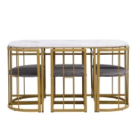 Six-Chair Dining Table Set, Modern Dining Table and Chairs with Backrests and Upholstery, Gold Iron Frame, 140x80x76 cm, Gold(m-10)
