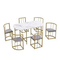 Six-Chair Dining Table Set, Modern Dining Table and Chairs with Backrests and Upholstery, Gold Iron Frame, 140x80x76 cm, Gold(m-2)