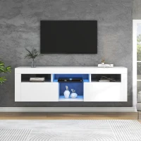 Meuble TV scandinave sur pied et mural avec éclairage LED, étagères ouvertes et compartiments rabattables, moderne brillant 140x40x45 cm, Blanc(m-5)