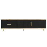Meuble TV Bas Scandinave avec Texture Sculptée, Poignées et Pieds Dorés, Structure Effet Marbre pour Salon, 175x40x45 cm, Noir