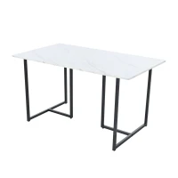 Modern Oblong Dining Room Table with L-Shaped Support Legs, Marble Top Extendable Table with Metal Frame, 140x80x75 cm, White+Black(m-8)