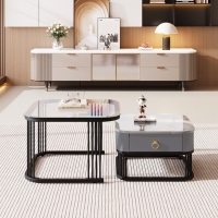 Couchtisch Stapelbarer 2er-Set 60x60 mit Schublade Hochglänzende Marmoroptik Glasplatte schwarze Beine schwarz