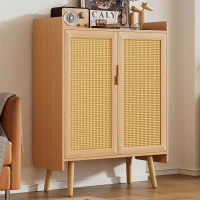 Sideboard Kommode mit Rattan-Türen, verstellbaren Regalböden und Massivholzfüßen - Schuhschrank mit Metallgriffen und Kippsicherung, Natur(m-5)