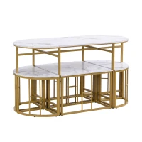 Modern Luxury Rattan 6 Seater Dining Table Set with Six Chairs, MDF Seat Cushions and Gold-Plated Iron Frames, Gold(m-9)