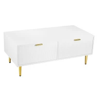 Table basse moderne avec 2 tiroirs et design à rayures verticales, 100x50x40 cm - Table basse en solde, Blanc+Or(m-6)
