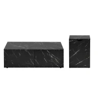 Table basse multifonctionnelle gigogne modulable en marbre, grande table avec tiroirs, petite table avec rangement, 100x33,5x70 cm + 32x32x50 cm, Noir(m-2)