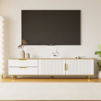 Meuble TV Bas avec Texture Sculptée, Poignées et Pieds Dorés, Structure Effet Marbre pour Salon, 175x40x45 cm - Style Scandinave, Blanc(m-5)