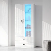 Vitrine lumineuse LED multifonctionnelle, 16 couleurs, avec 2 portes, 5 étagères en verre, interface USB, salon et bureau, 59,5x35x182 cm, Blanc(m-5)