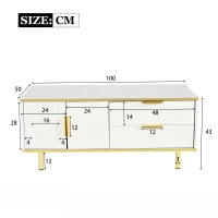Table basse moderne avec tiroirs, design rayé, plateau en faux marbre et détails en métal doré, 100x50x43 cm, Blanc(m-3)