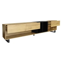 Meuble TV Bas Moderne en Bois avec Pieds en Métal, Trois Tiroirs et Étagères, 200x40x50 cm - Meuble TV Scandinave, Naturale+Noir(m-6)