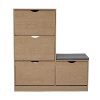 Schuhschrank mit 4 Klappen und Sitzbank, weiches Sitzkissen, grifflose Schuhkommode in Naturholzoptik, Natur(m-2)