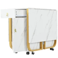 Folding Extendable Dining Table with Cupboard and 2 Drawers, Space-Saving Utility Table with Castors and Adjustable Legs, White/Gold(m-10)