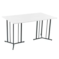 Modern Oblong Dining Room Tables with Adjustable Feet, Marble Pattern MDF Top, Kitchen Units with Metal Frame, 140x80x75 cm, White(m-2)