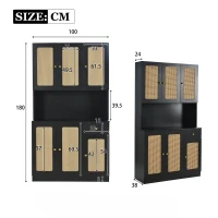 Armoire haute en rotin avec 6 portes et tiroir central ouvrant, adaptée pour séjour et entrée, 100x24-38x180 cm - meuble de rangement moderne, Noir(m-3)