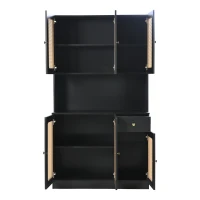 Armoire haute en rotin avec 6 portes et tiroir central ouvrant, adaptée pour séjour et entrée, 100x24-38x180 cm - meuble de rangement moderne, Noir(m-8)