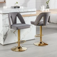 Set of 2 Adjustable Bar Stools with Hollow Backrest Design, Electroplated Gold Legs, 360° Rotatable, Seat Height 63.5-83.5 cm, Base 41x41 cm, Load-Bearing up to 136 kg, by Woltu, Grey(m-5)