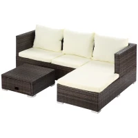 Outsunny 3 Pieces Rattan Garden Furniture Sofa Set, 4 Seater Garden Corner Sofa with 5-Level Reclining Sun Lounger and Storage Coffee Table, Outdoor Furniture Conservatory Set with Cushions, Brown(m-11)