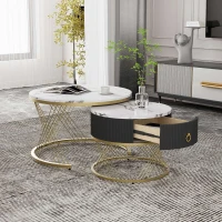 Lot de 2 tables basses gigognes modulables en marbre synthétique avec tiroirs, 70x70x45 cm et 50x50x40 cm, Blanc(m-1)