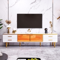 TV-Schrank in Marmoroptik mit LED-Beleuchtung, 4 Schubladen und 2 Türen aus gehärtetem Glas, vergoldete Griffe, Modernes Design für Wohnzimmer, Weiß und Gold
