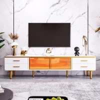 TV-Schrank in Marmoroptik mit LED-Beleuchtung, 4 Schubladen und 2 Türen aus gehärtetem Glas, vergoldete Griffe, Modernes Design für Wohnzimmer, Weiß und Gold(m-1)