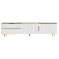 Meuble TV Bas avec Texture Sculptée, Poignées et Pieds Dorés, Structure Effet Marbre pour Salon, 175x40x45 cm - Style Scandinave, Blanc(m-2)