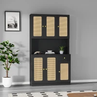 Armoire haute en rotin avec 6 portes et tiroir central ouvrant, adaptée pour séjour et entrée, 100x24-38x180 cm - meuble de rangement moderne, Noir(m-5)