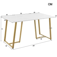 Modern Fodable Dining Table with Marble Pattern, Adjustable Metal Legs, Rectangular Kitchen Table for Dining Room, 140x80x75 cm, White+Gold(m-3)