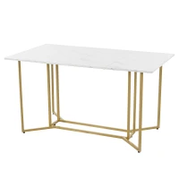 Modern Dining Room Table in Marble Top with Adjustable Metal Legs, Rectangular Extendable Table for Kitchen, 140x80x75 cm, White+Gold(m-5)