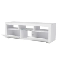 Meuble TV scandinave sur pied et mural avec éclairage LED, étagères ouvertes et compartiments rabattables, moderne brillant 140x40x45 cm, Blanc(m-7)